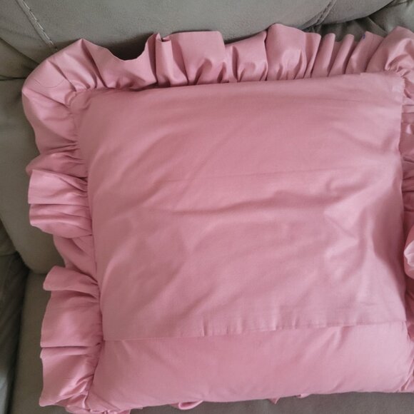 Handmade Pink & White Ruffled Throw Pillow With Cross-Stitch Farmhouse Design - Picture 5 of 7